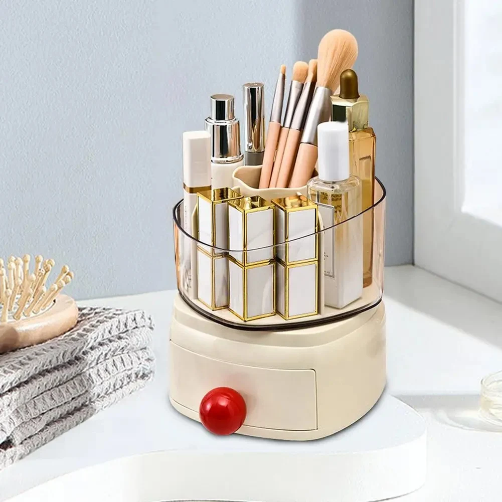 

Rotating Makeup Organizer 5 Compartment Cosmetic Storage Organizer with Drawer Bathroom Desktop Organizer Multi-Function