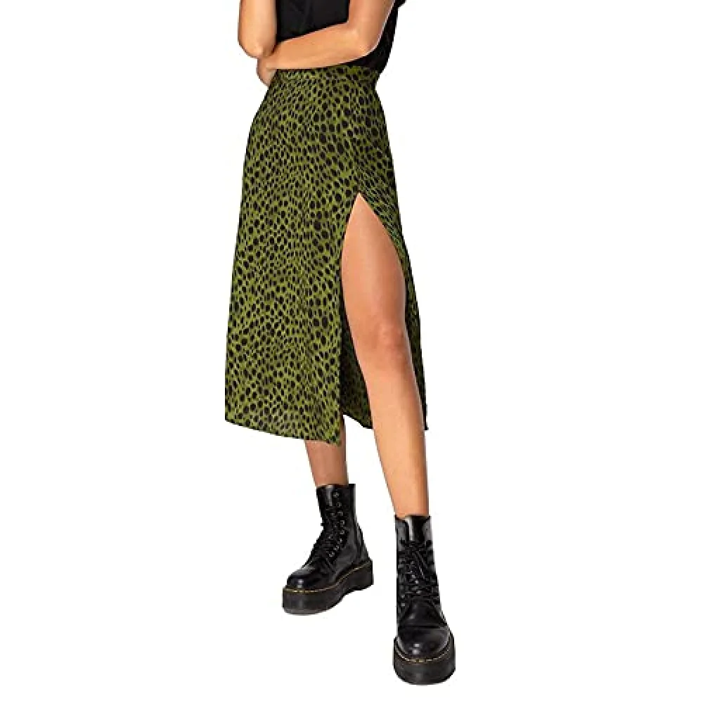 

Women's Casual High Waist A-Line Midi Skirt Leopard Print Side Slit Design