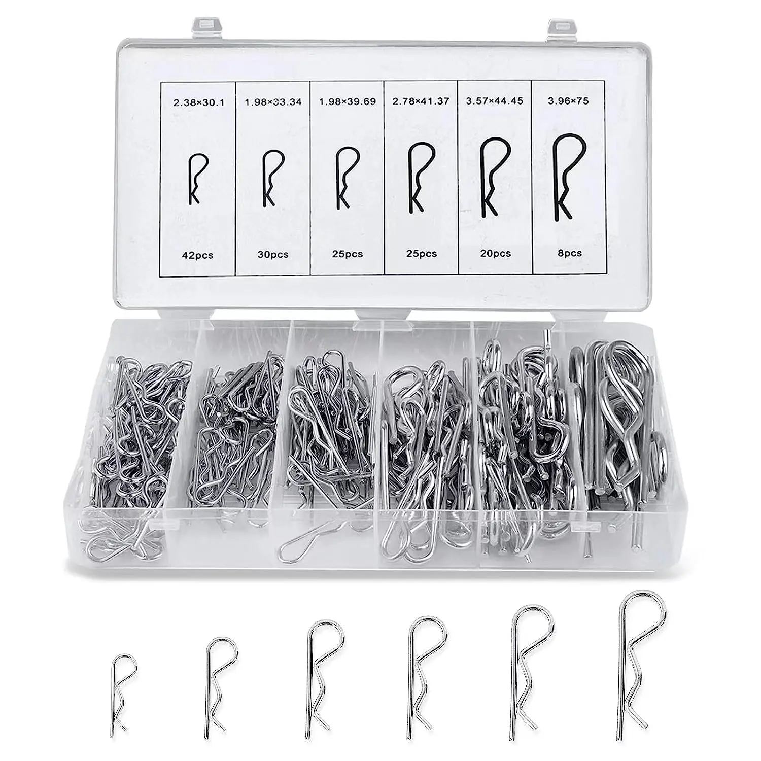 

150pcs/box 6 Sizes Heavy Duty Cotter Pin Assortment Kit R Clips, Zinc Plated Spring Steel Retaining Hair Pins