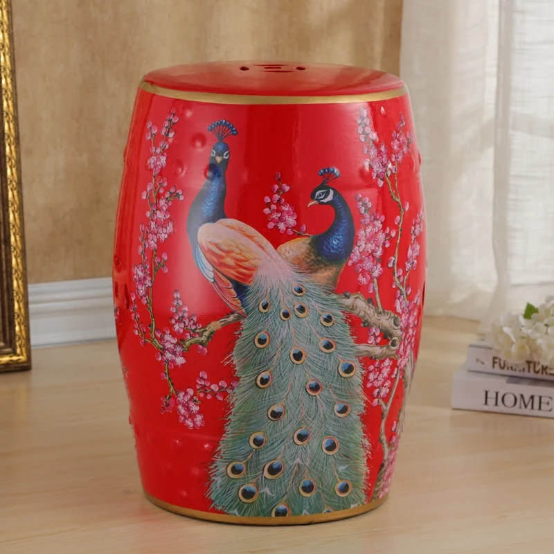 Ceramic Vanity Stool with Chinese Floral&Bird Pattern,Multi-Purpose Shoe Changing Seat for Bedroom,Aesthetic Home Decor Accent
