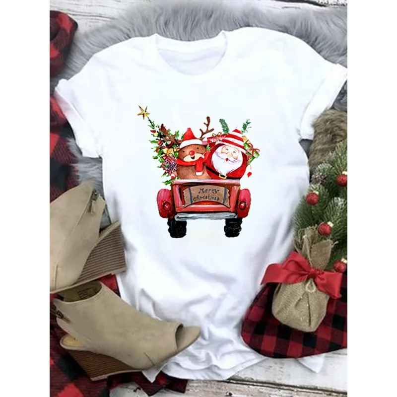 Women Santa Reindeer Red Vintage Truck Merry Christmas Print T‑Shirt Short Sleeve Round Neck Xmas Holiday Casual Ladies Daily