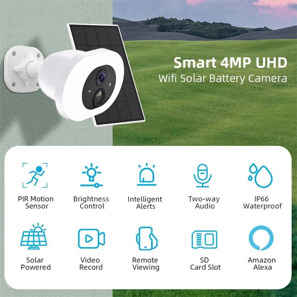 ICSEE Wire-Free Solar Camera 4MP UHD, 12000mAh Battery, PIR Motion Sensor, Color Night Vision, Smart Siren, Alexa, App Control