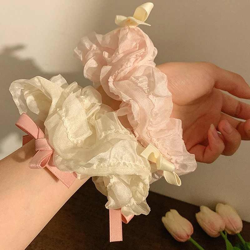 Pink Bow Mesh Hair Ring Large Intestine Hair Ring Ins Simple Hair Rope Fat Intestine Head Rope Female Korean Hair Accessories