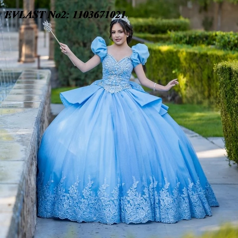 

EVLAST Customized Shiny Sky Blue Quinceanera Dress Ball Gown Lace Applique Beading Mexico Sweet 16 Vestidos 15 Anos E2QA117