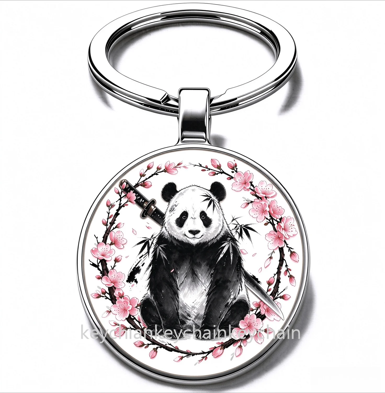 Japanese Bamboo leaf panda Cherry Blossom Katana Keychain Samurai Sword Sakura Wreath Key Ring Car Bag Pendant Men Gift