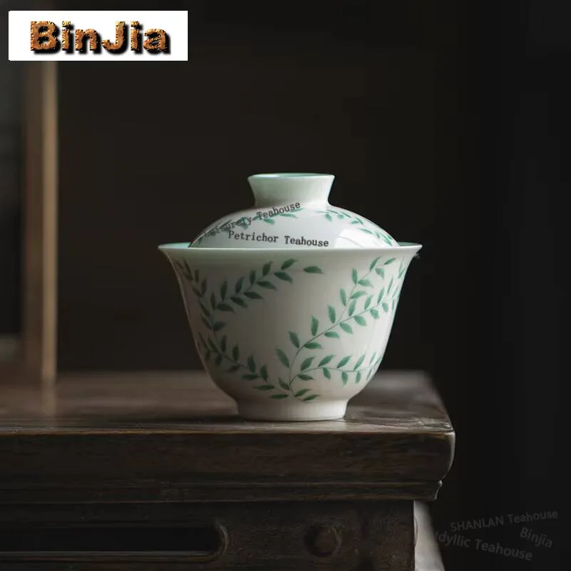 

125ml Hand-painted Green Vine Gaiwan Vintage Turquoise Green Glaze Tea Tureen Tea Brewing Cover Bowl Teaware Accessories Craft