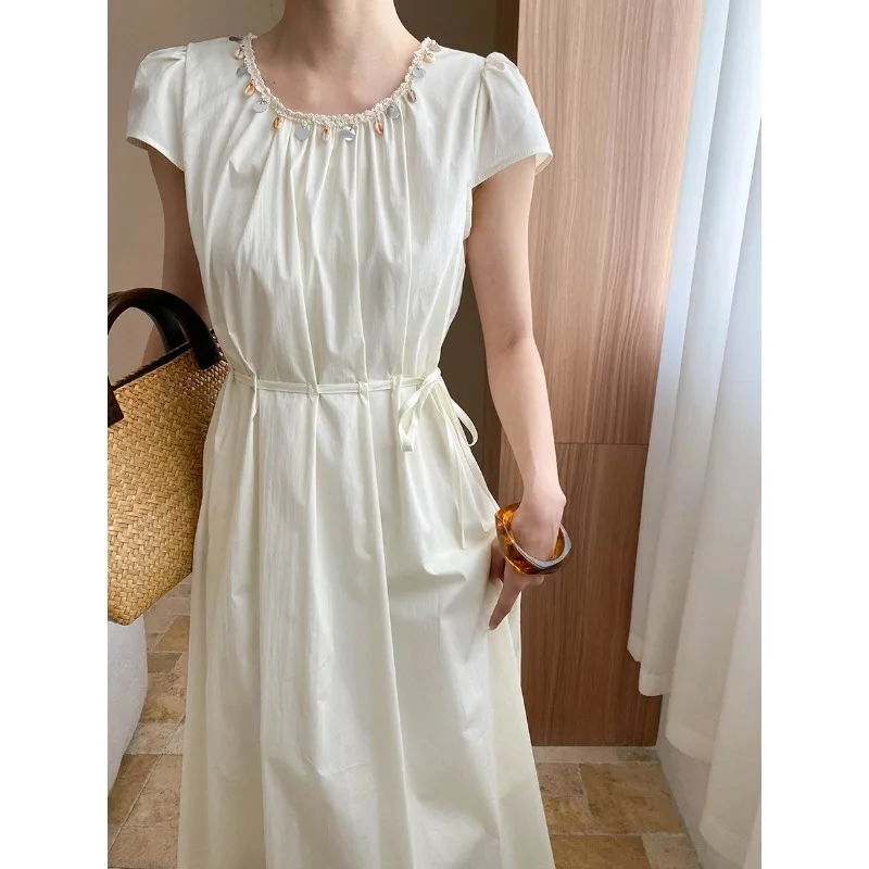 

Летнее женское платье Suzhou Southward Clothing Design Sensation с круглым вырезом, расшитое бисером, с завышенной талией, приталенное, А-силуэт, для повседневной носки, с коротким рукавом