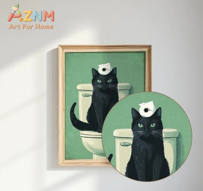 Set of 6 Unframed Funny Cat Bathroom Print, Whimsical Animal Wall Art Posters for Bathroom Decor, Cute Toilet Humor Art