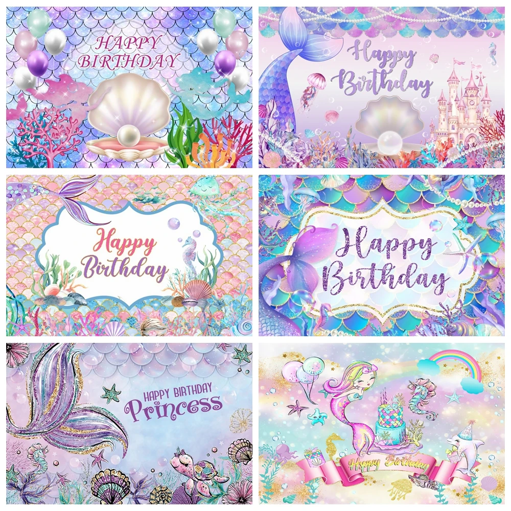 Laeacco-telón de fondo de sirenita de dibujos animados para fotografía, fiesta de cumpleaños de bebé, Decoración de mesa de pastel, telón de fondo fotográfico, estudio fotográfico