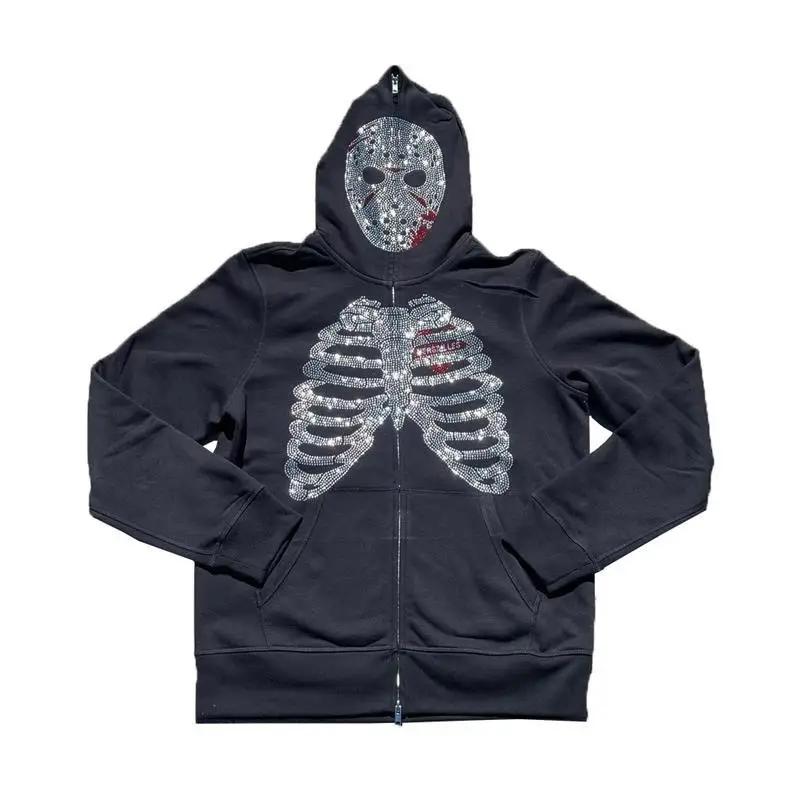 Trendyol Mens Streetwear Hot Drilling Cross Hoodies Vintage Oodie Black Skeleton Hoodie Oversized Full Zip Hooded Sweatshirt