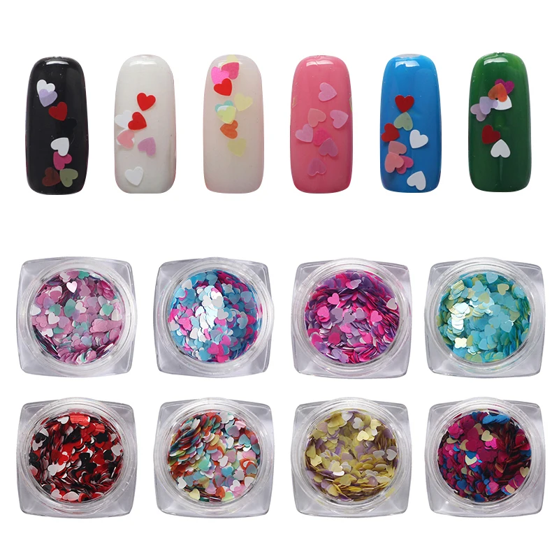 Purpurina de uñas glamurosa, copos brillantes en forma de corazón, tema de San Valentín, copos de uñas de corazón brillantes de larga duración