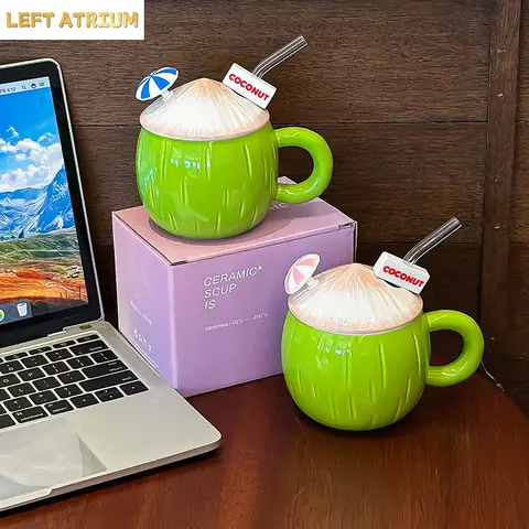 Coconut Shaped Mug Cute Drinking Cup With Lid and Straw Drinkware Ceramic Coffee Cup Funny Cups Beer Mugs Personalized Gift Tea