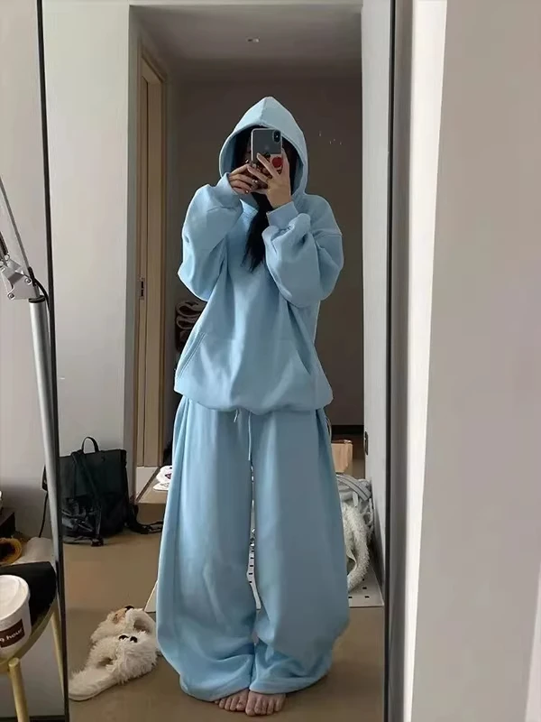 

plus Size American Casual Sportswear Set Women's Autumn Winter College Style Loose Fleece Hoodie Sweatpants Two Piece Set