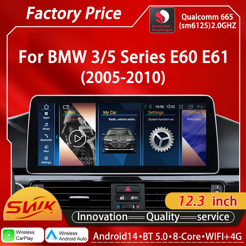 

Qualcomm Snapdragon Android14 Car Video Players Multimedia GPS radio Wireless CarPlay Auto FM For BMW 5 Series E60 E61 12.3 ”