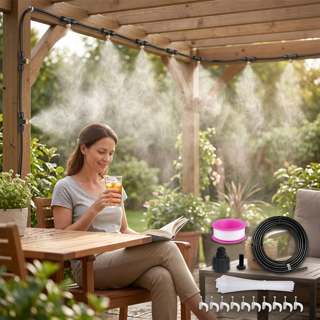 Garden Low Pressure Misting System Cooling Kit For Summer Patio With Stainless Nozzles And Quiet Fan