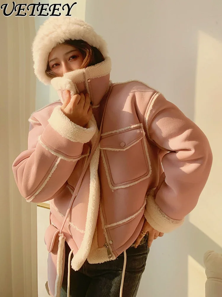 

Autumn and Winter Women's High-Grade Unique Age-Reducing Pink Fur Integrated Lamb Wool Short Coat Motorcycle Clothing Jacket