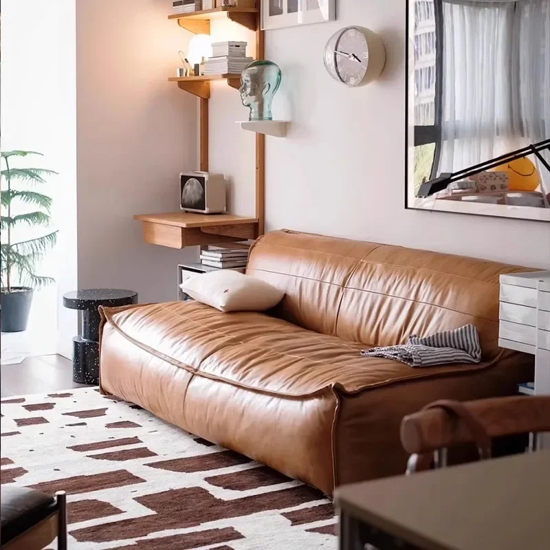 No armrests, retro, oil wax leather, brown sofa