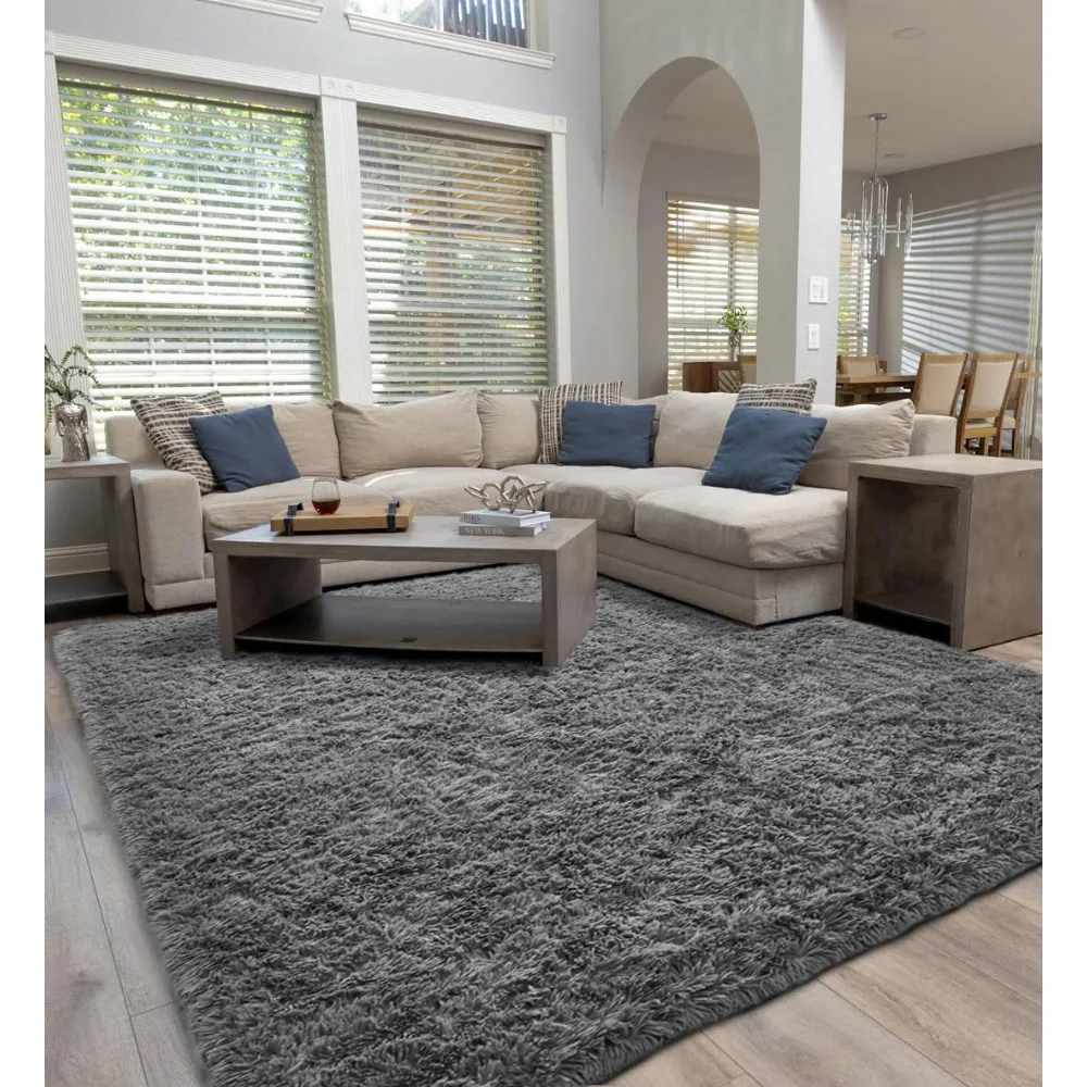 Machine Washable Upgrade 8x10 Rugs for Living Room, Fluffy Shaggy Soft Area Rug, Gray Non-Slip Indoor Floor Carpet for Bedroom