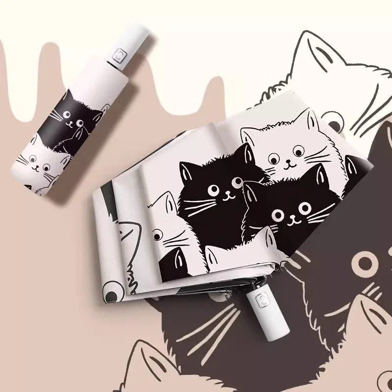 Cartoon Kittens Printed Black And White Umbrella for Both Sunny Rainy Use Black Rubber Cute Cat Graffiti Umbrella UV Protection