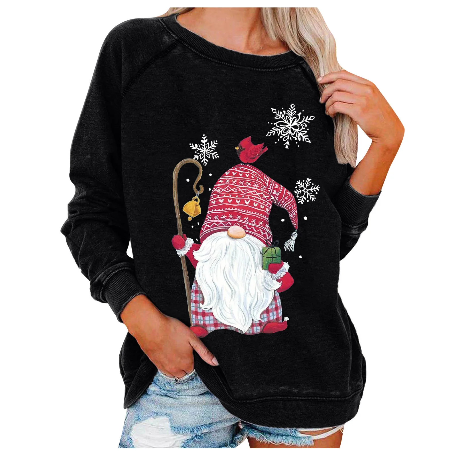 سانتا كلوز المرأة البلوز عادية سليم صالح كم طويل س الرقبة طباعة هوديي ندفة الثلج عيد الميلاد سترة البلوز القمصان #4