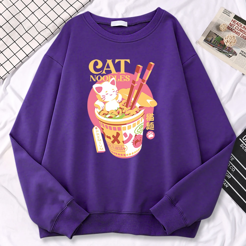 Simple Trend Womens Sweatshirts Japanese Cat Noodles Premium Print Hoodies Fleece Soft Pullovers Loose Warm Female Sportswears