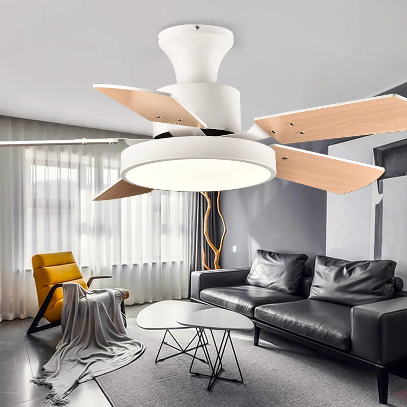 Low Floor Ceiling Fan Lamp Nordic Restaurant Living Room Fan Lamp Wooden Leaf Electric Fan With Led Light Remote Control