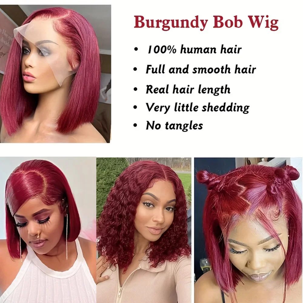 13x4 HD透明レースフロントウィッグ 99Jバーガンディカラー 200密度 プレプラッキング済み ストレートショートボブ人毛ウィッグ 8-14インチ