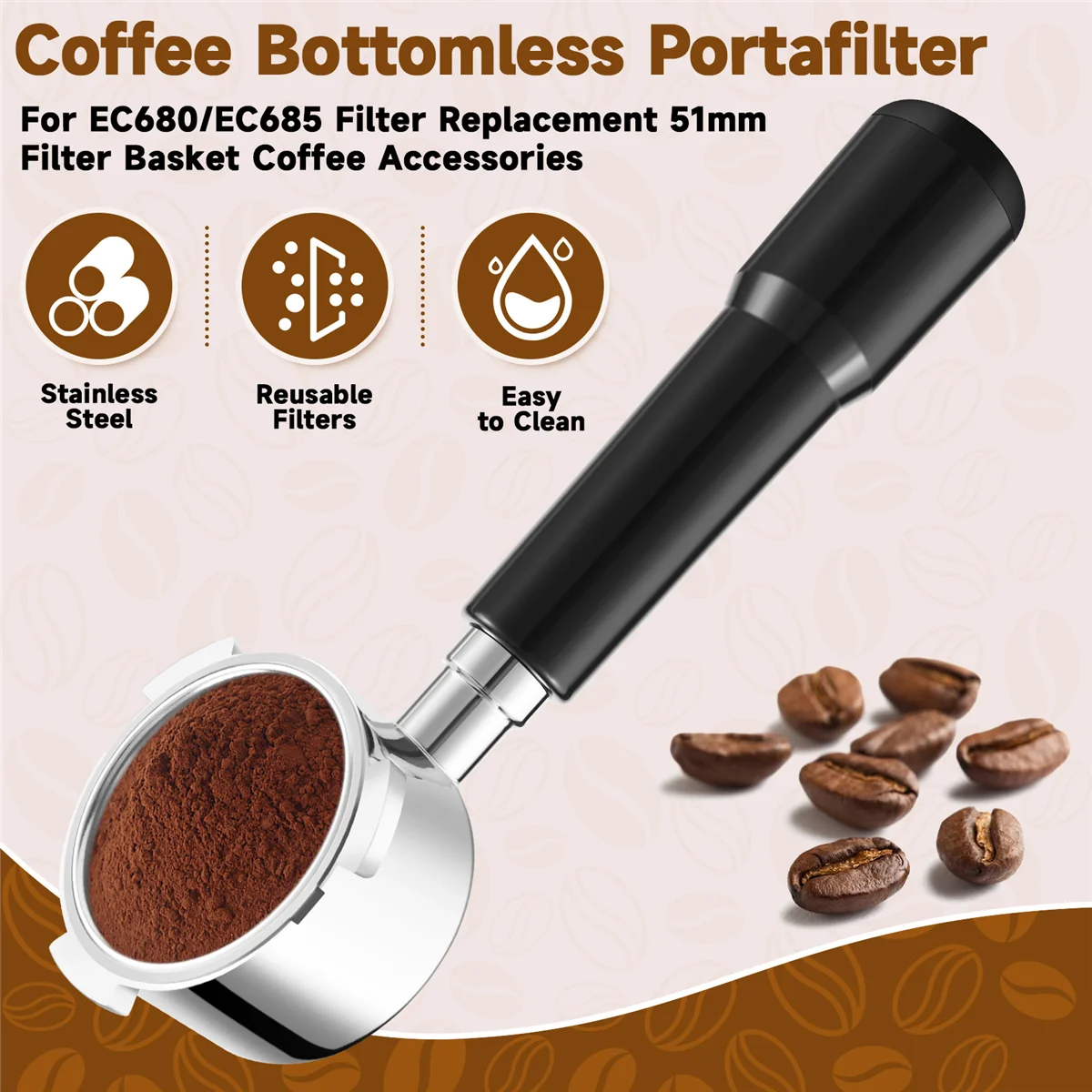 51 มม.Coffee Bottomless PortafilterสําหรับEC680/EC685 กรองตะกร้ากรองอุปกรณ์เสริมกาแฟ