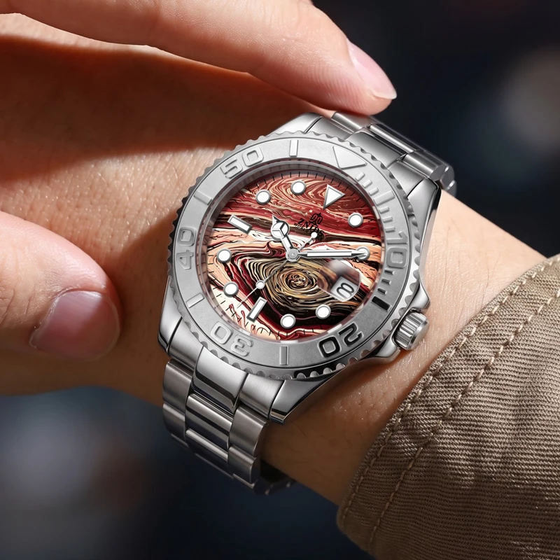 New Trendy Men's Quartz Watch, Swirl Dial, Classic Punk Style, Unidirectional Rotating Bezel, Luminous Display + Date Window, Stainless Steel Strap, High-Quality Finish, Dual-Purpose Business and Casual Men's Watch, Suitable for Daily Wear and as a Gift.