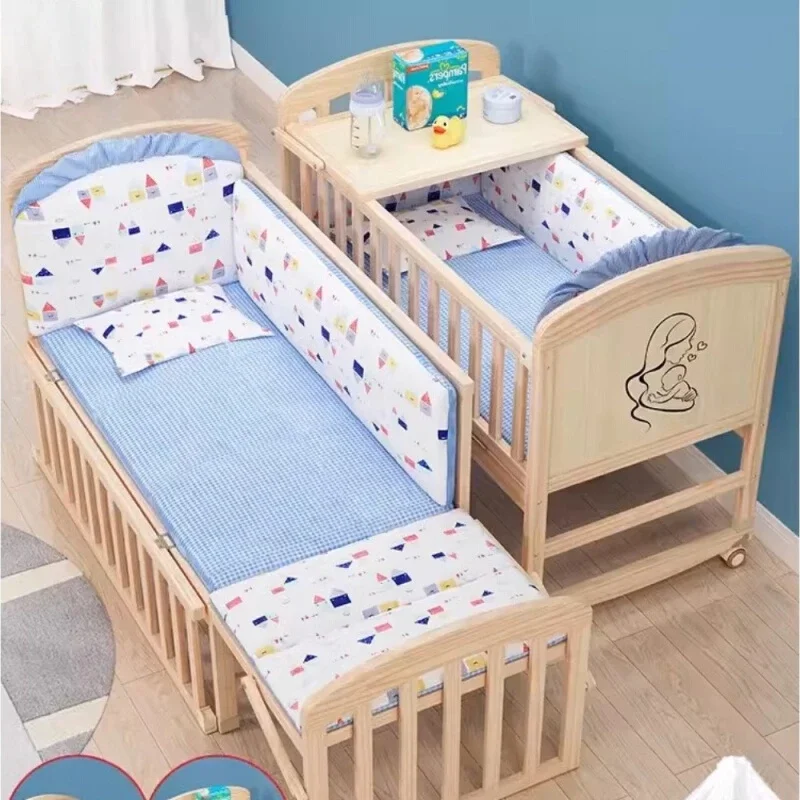 

Crib Movable crib Solid wood unpainted children's cradle Small bed Newborn multi-functional splicing large