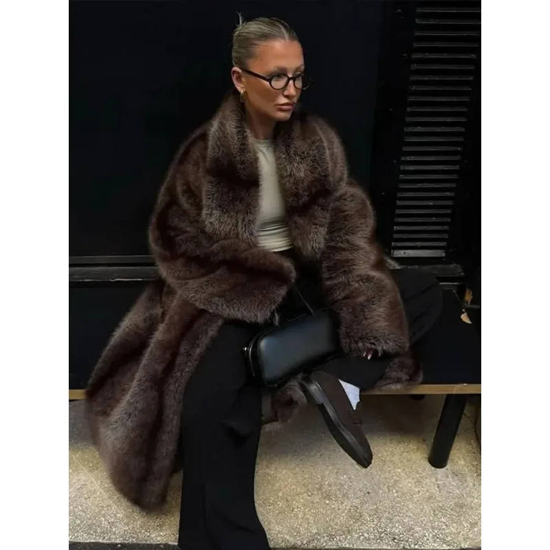 Manteau long en fausse fourrure marron de luxe pour femmes, col châle décontracté, manches longues, manteau moelleux, hiver, chic, épais, chaud, vêtements de rue