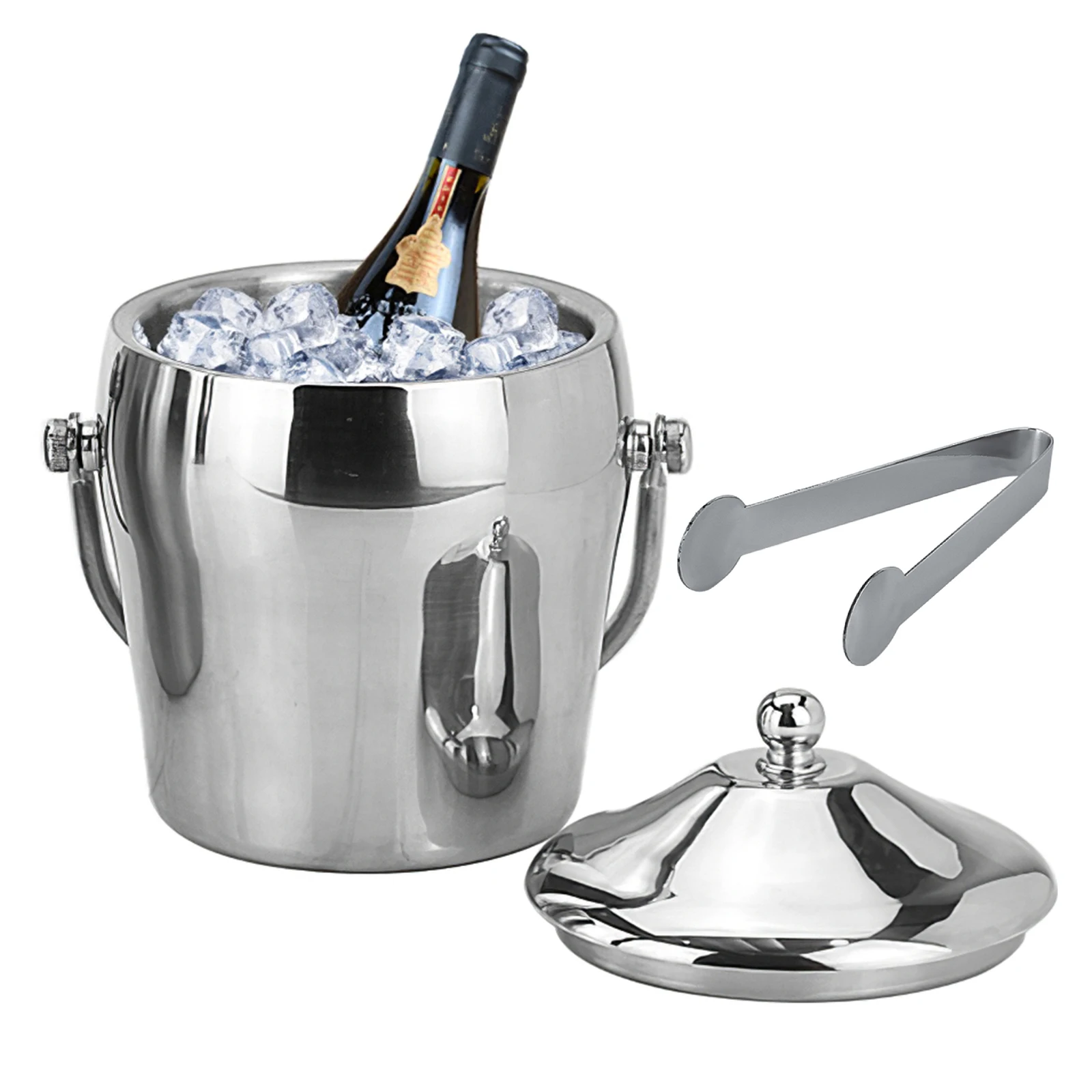 

2.0L Ice Bucket Stainless Steel Ice Cube Container with Clamp Lid Portable Ice Cube Tray Lasting Cooling for Beverages Beers