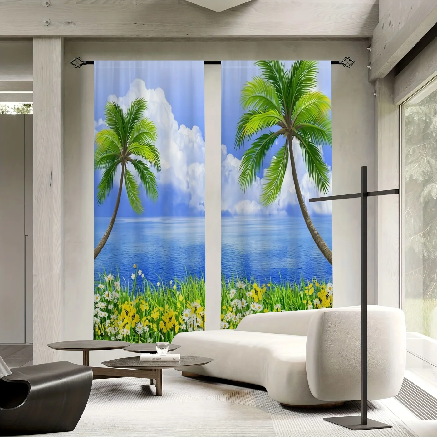 Tropical Beach Palm Tree Curtains Ocean View Window Drapes Summer Resort Seaside Vacation Style Curtain Pair Decoration