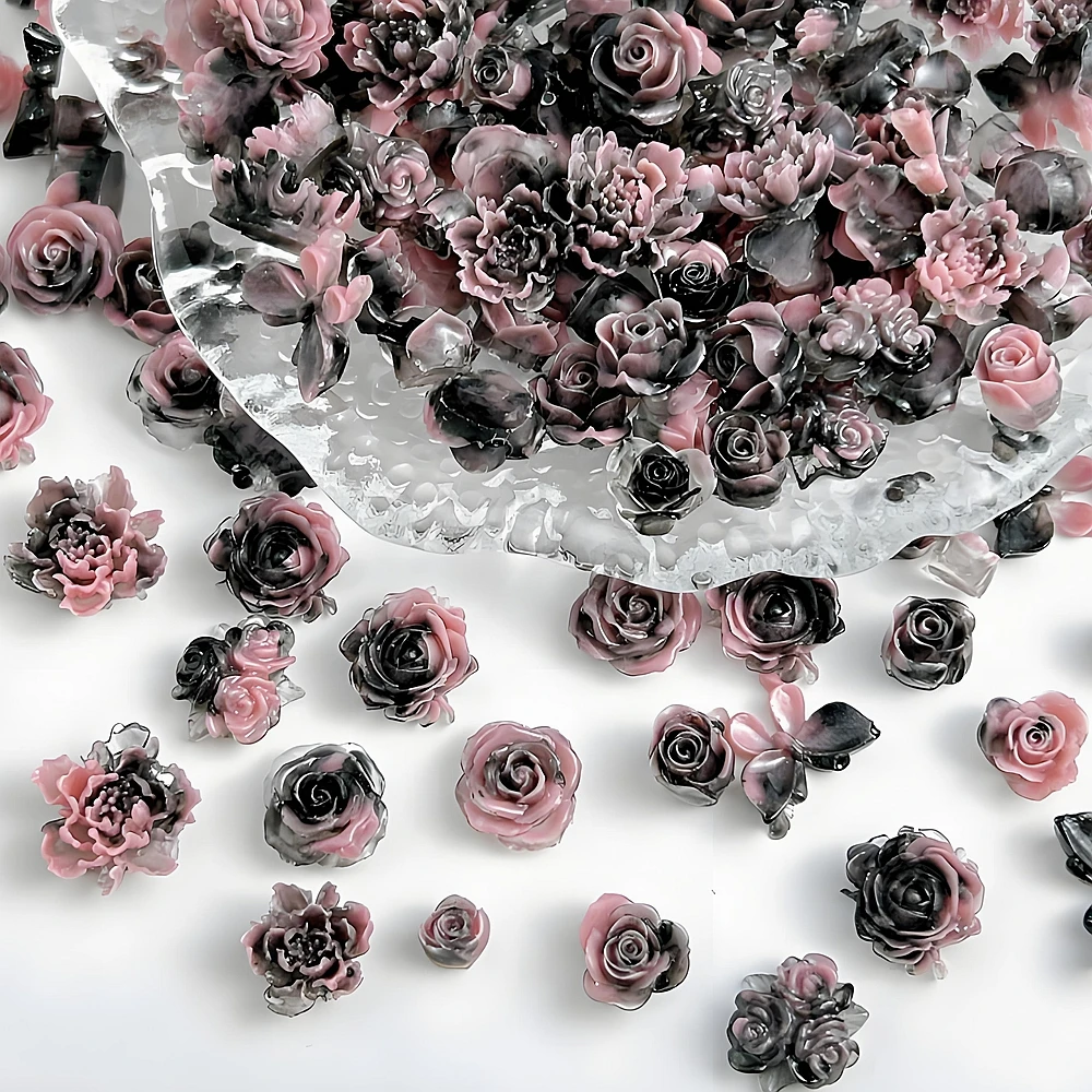 

30PCS Luminous Black Pink 3d Acrylic Flower Nail Art Rose Charms Accessories For Manicure Decor Nails Decoration Design Supplies