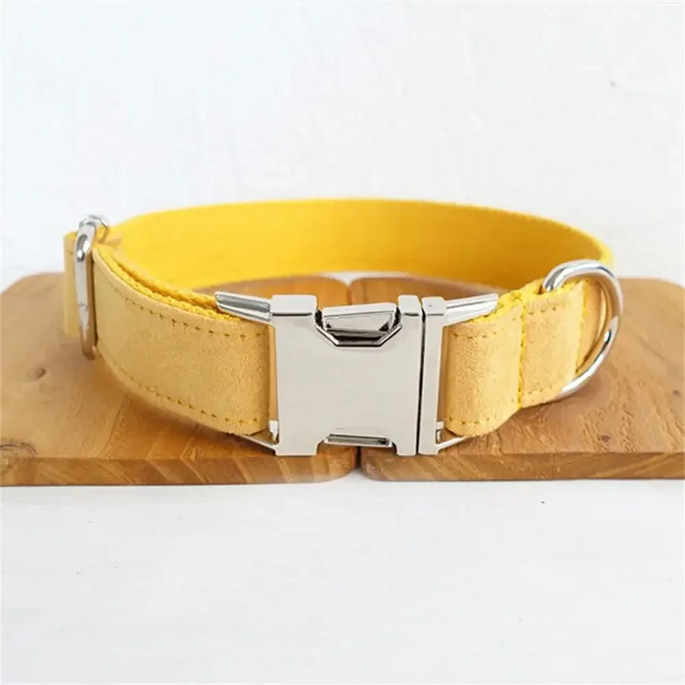 Personalized Dog Collar with Free Engraving, Matching Pet Leash,Customzied Contacts Buckle, Yellow Velvet Pet Collar