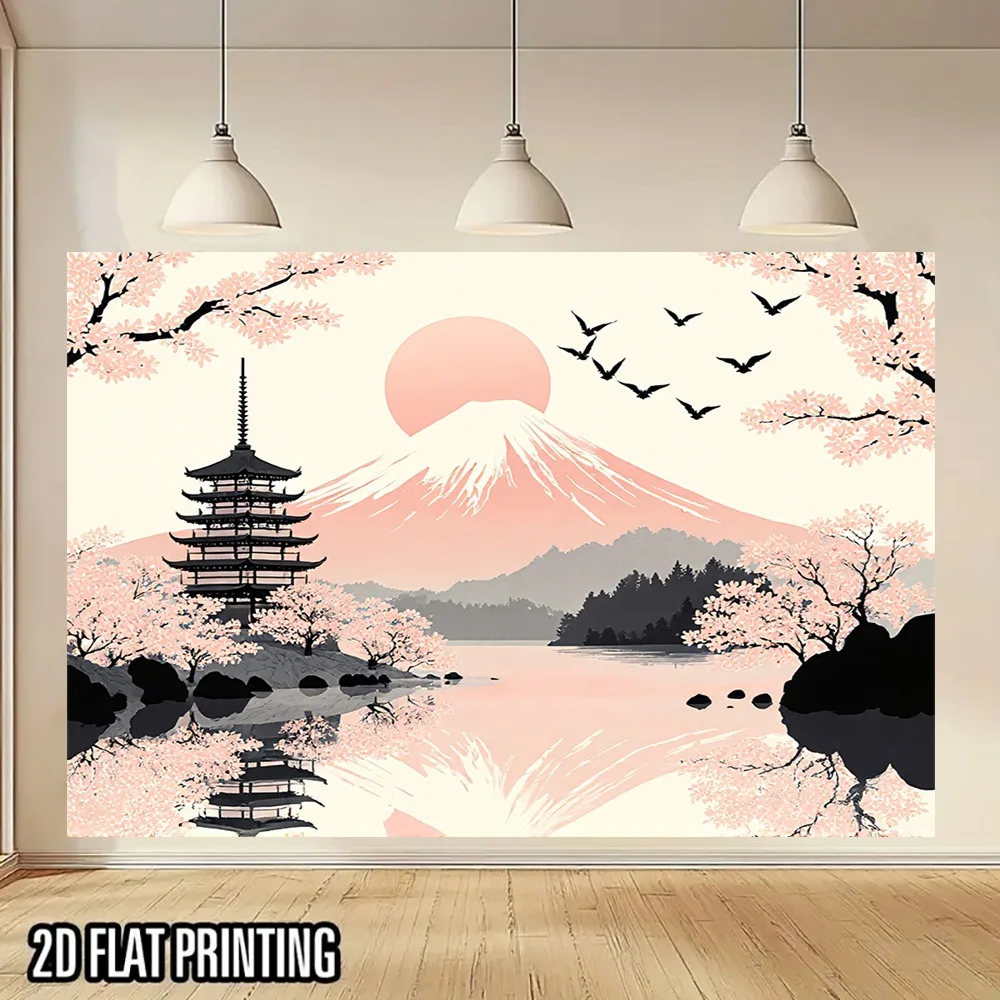 Mount Fuji Pagoda Cherry Blossom Scene Wall Mural 2D HD Print Japanese Art Nature View Calming Background Home Living Room