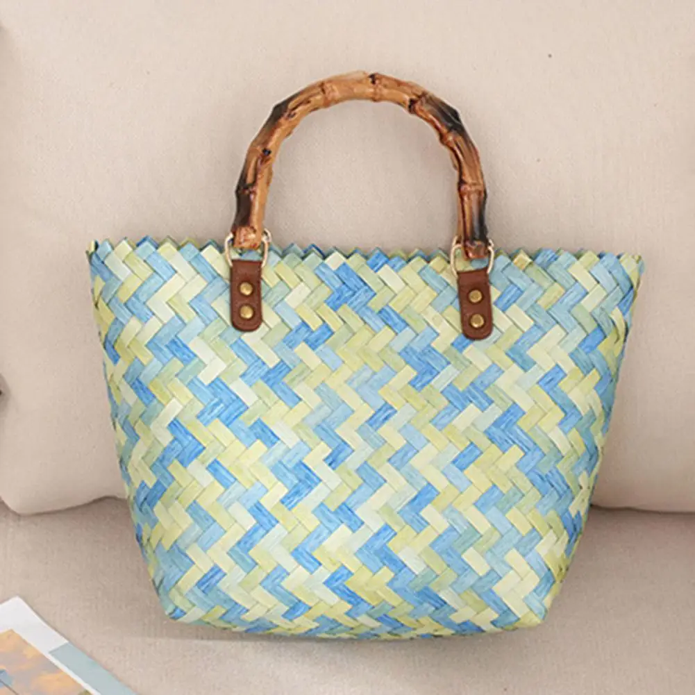 

Straw Bag Handmade Waterproof High Capacity Wood Handle Vintage Clothing Matching Portable Summer Travel Beach Top Bag Vacation