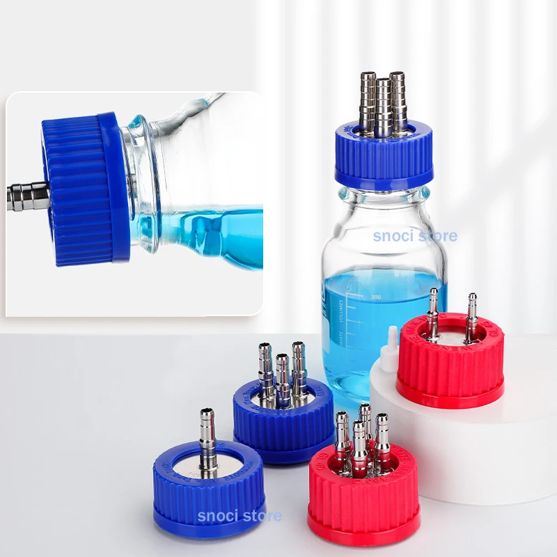GL45 Fermentation Tank Reactor Feed Cover Stainless Steel Jar Lid Blue Red Headspace Cap PP PBT Refill Cover PTFE Feeding Nozzle