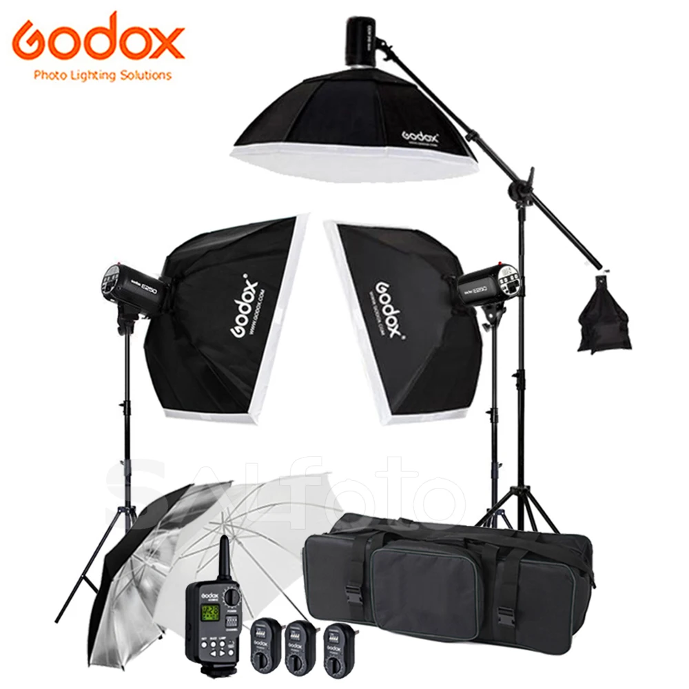 Godox 3x E300 300Ws / E250 250Ws Studio Flash Lighting Kit + 60x90cm Softbox +2m Light Stand & Boom Arm + Trigger FT-16