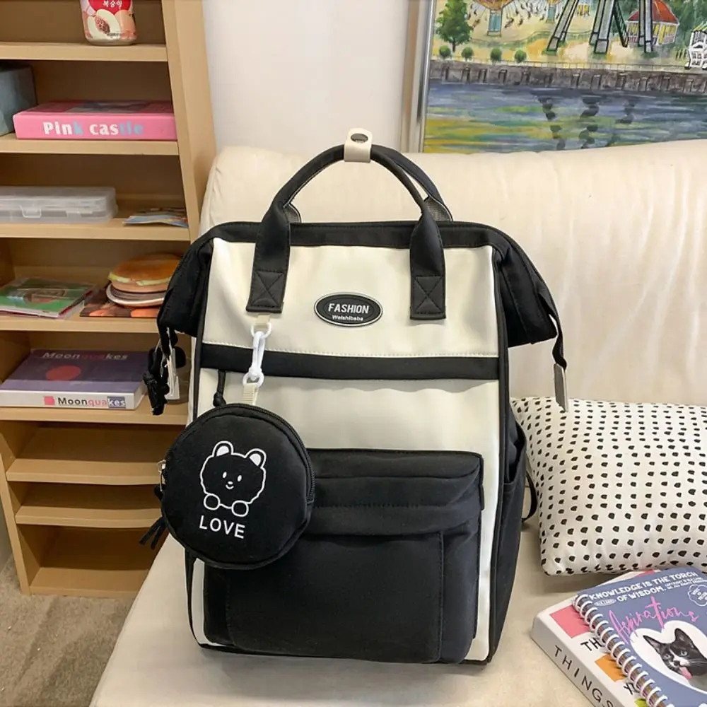 Trendy Casual Student Schoolbag Large Capacity Solid Color Travel Backpack Waterproof Simple Nylon Shoulder Bag Outdoor