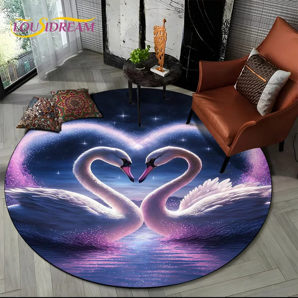 3D Dream Love Swan Cartoon Cygnus Girl Gift Round Carpet Rug for Living Room Bedroom Child Decor,Pet Area Rug Non-slip Floor Mat