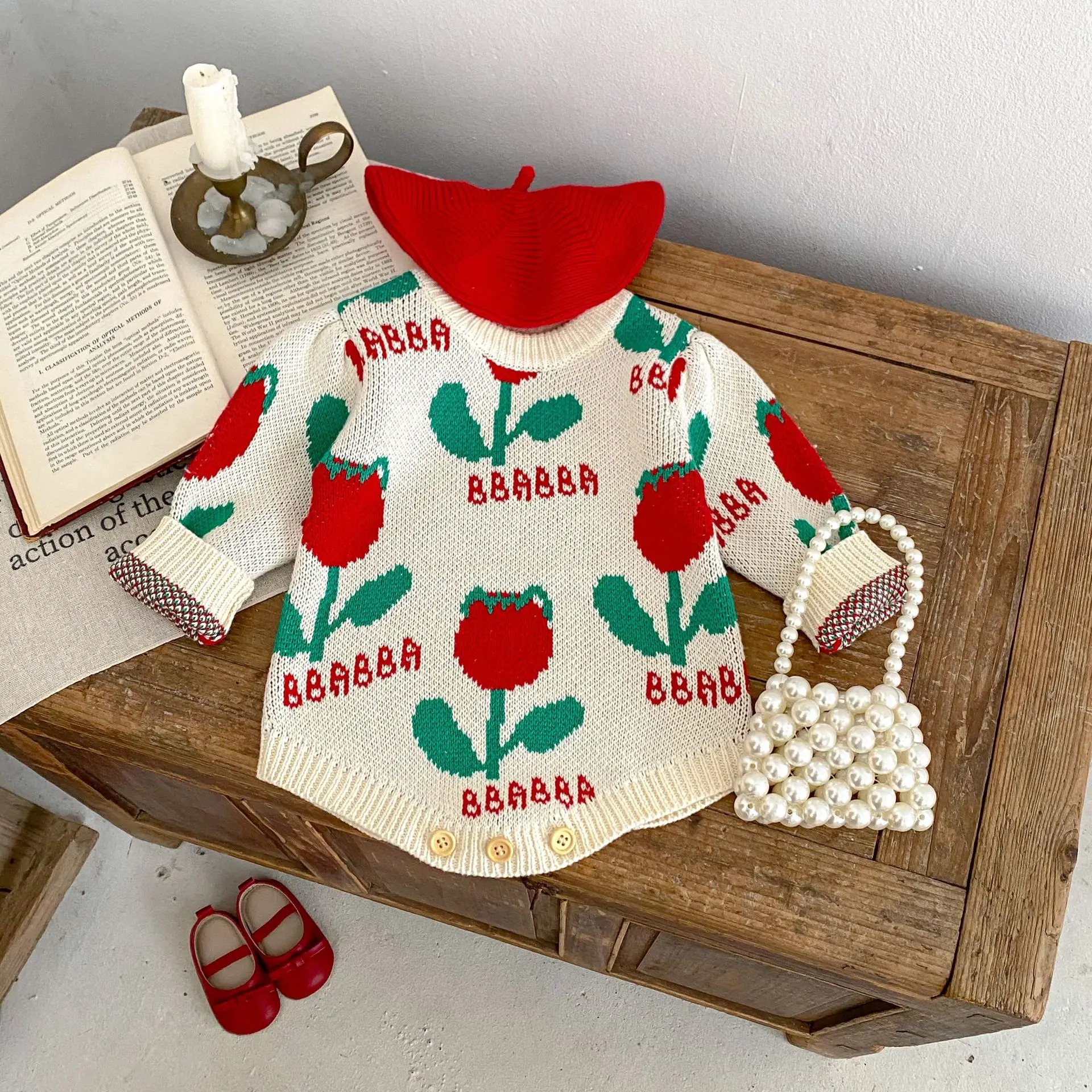 Baby Clothing 2024 Spring New Fashionable Girl Flower Jacquard Knitted Long Sleeve Jumpsuit Casual Simple Sweet Baby Romper