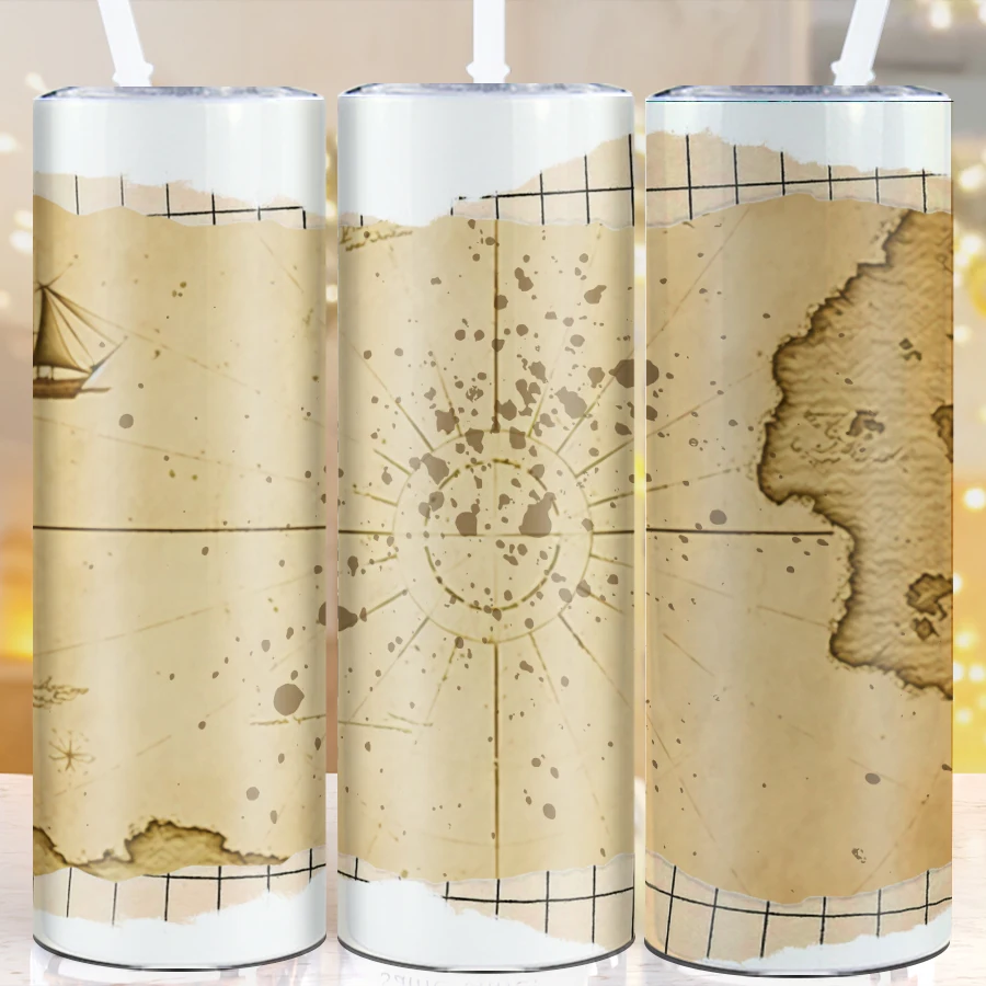 20oz 3D Print Vintage Nautical Map Party Tumblers Straw Lid 1Pc Stainless Steel Insulated Coffee Cups Thanksgiving Xmas Gifts