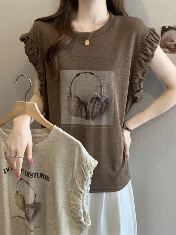 

plus Size Women's T-Shirt Summer New Loose Slimming Design Sense Letter Print Top Wooden Fly Sleeve Fashionable Commute ...