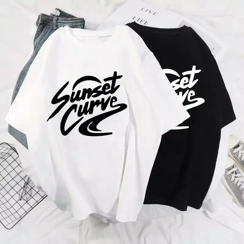 Seeyoushy Sunset Curve Summer Fashion Casual Women's Short Sleeve O-neck Top 90s Vintage Loose Women's T-shirt Y2K Aesthetic Top