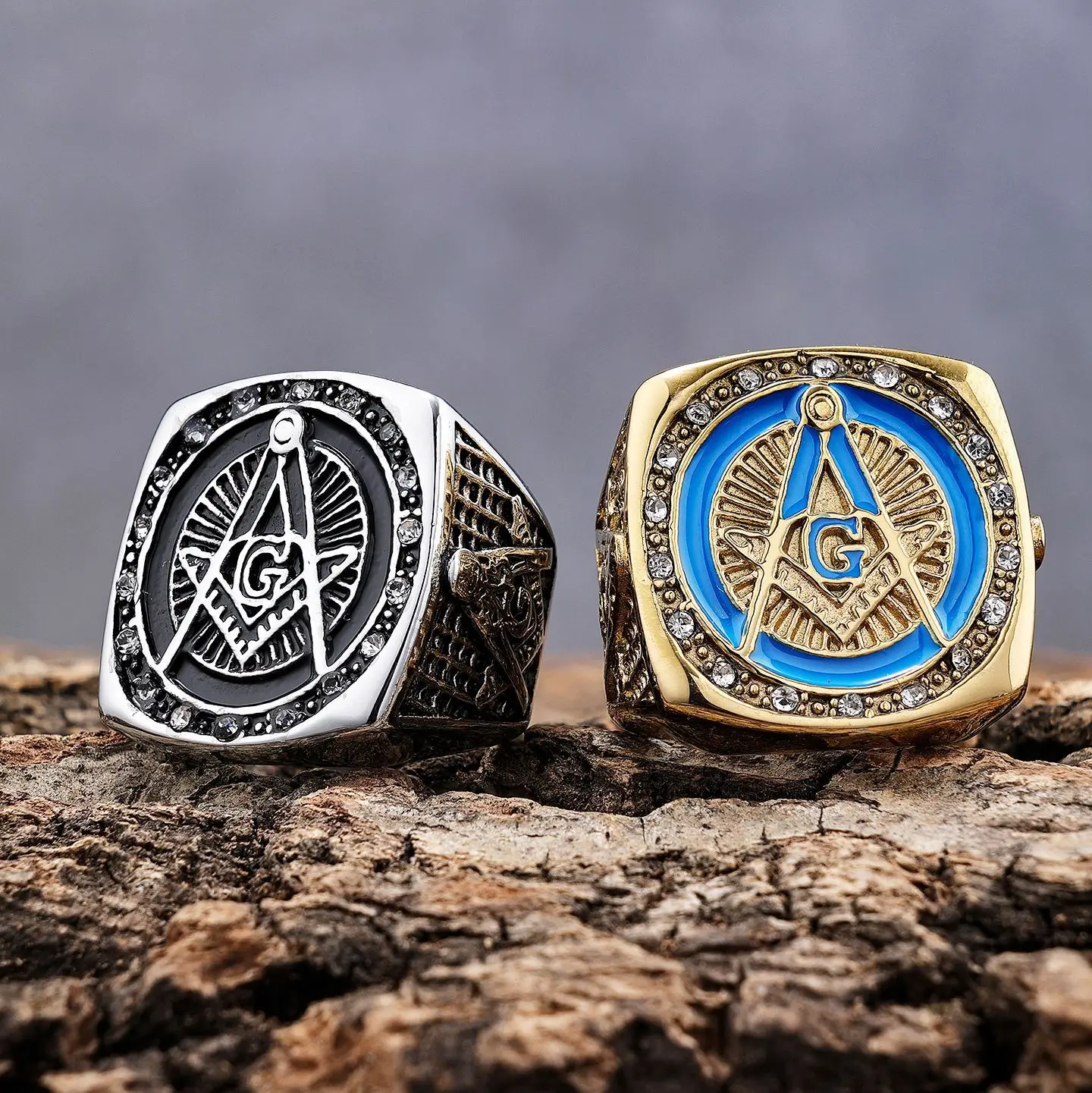 Nordic Domineering Retro Diamond-set AG Masonic Styling Stainless Steel Ring Personalized Retro Fashion Accessories