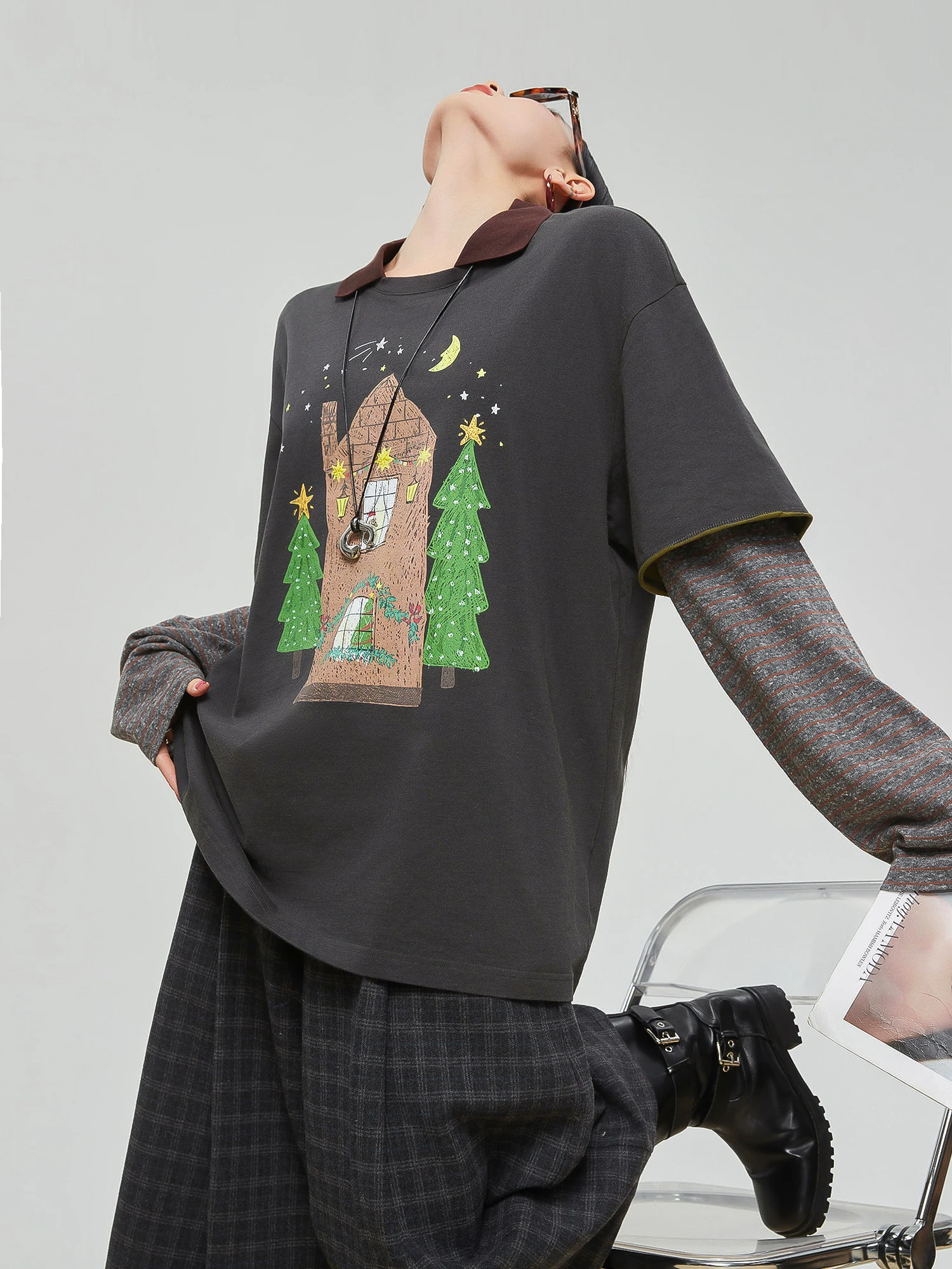 

Женская футболка Cisas с длинными рукавами и ручной росписью, свободного кроя, в повседневном стиле, с полосатыми вставками и круглым вырезом