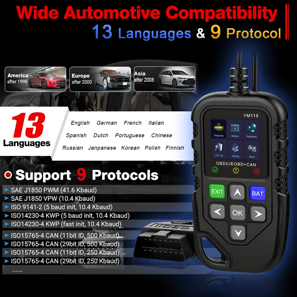 OBD II YM119 Auto Diagnostic Tool OBDII/EOBD Code Reader Scanner for 12V Vehicles Helps in Car Diagnostics