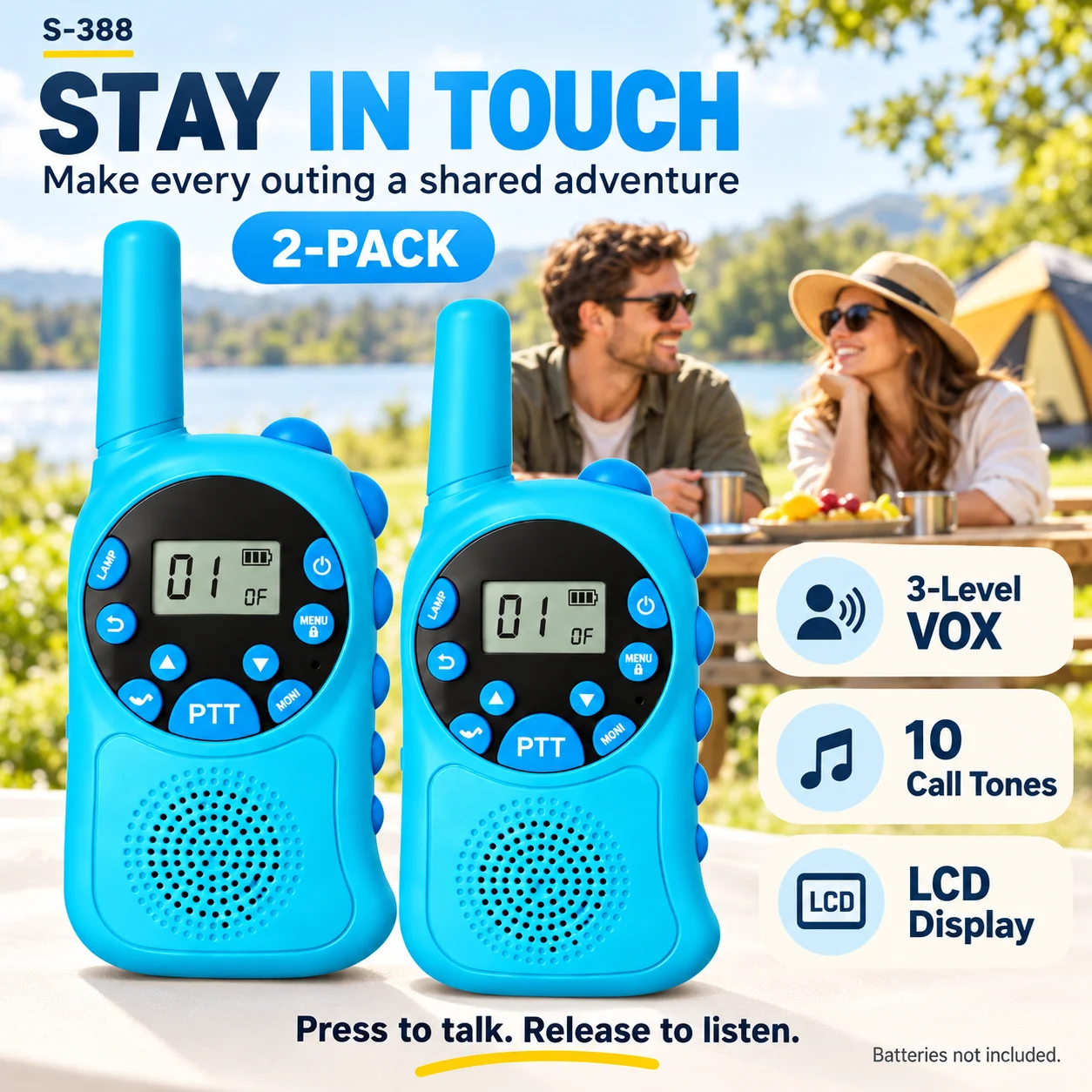 S-388 Walkie Talkies 2 Pack Two Way Radios with VOX LCD Screen 10 Call Tones and Keypad Lock for Camping Picnics Outdoor Activit