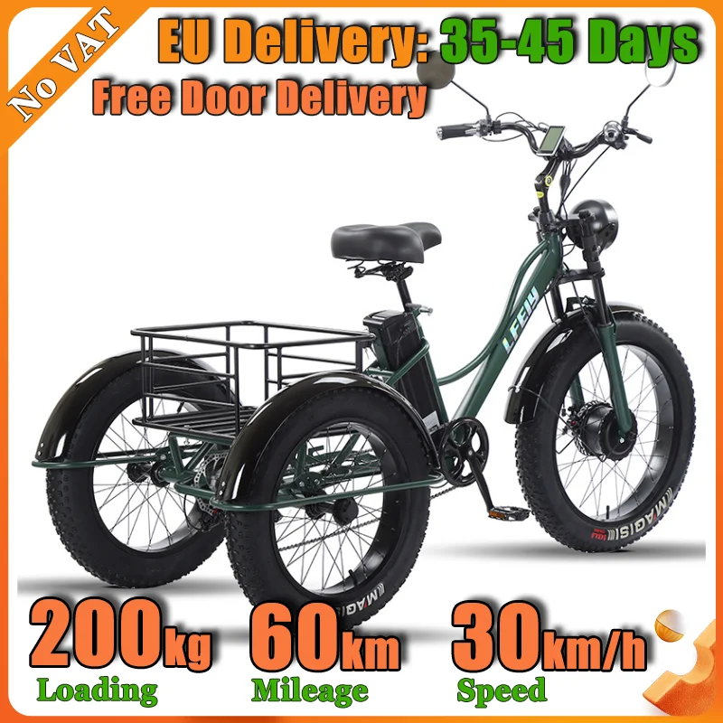 24 Inch Fat Tire Electric Cargo Tricycle 750W 48V18Ah Adult 3Wheel EBike Dual Shock Dual Disc Brake Rear Cargo Basket Max 30KM/H